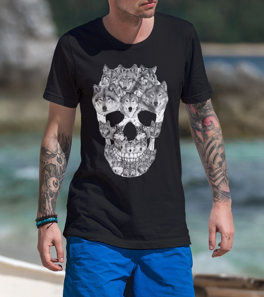 Wolf Skull Faces In Skull Formation T-Shirt
