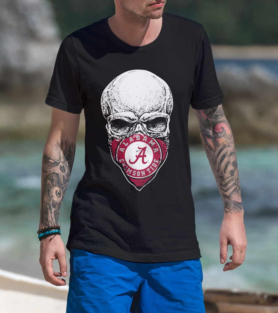 Alabama Crimson Tide A Logo Skull Face Mask T-Shirt