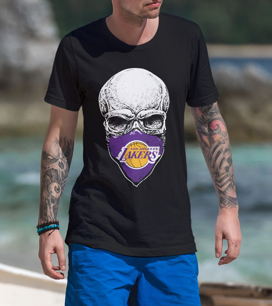 Los Angeles Lakers Skull Emblem With Purple And Gold Basketball Motif T-Shirt