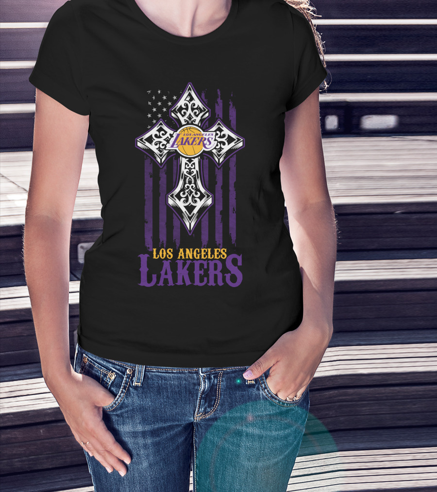 Los Angeles Lakers American Flag Purple Cross T-Shirt