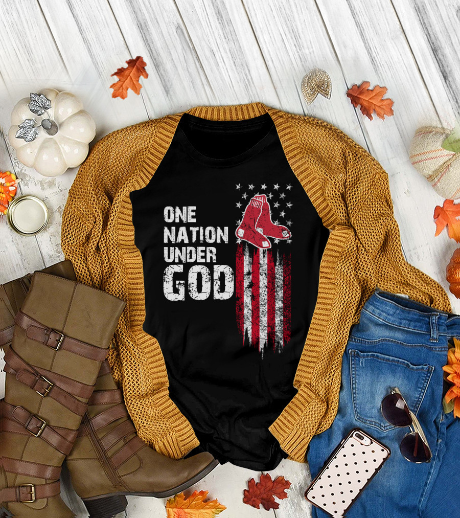 One Nation Under God Boston Red Sox American Flag Socks Stars Stripes T-Shirt