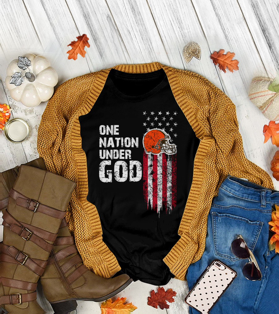 Cleveland Browns One Nation Under God Flag Helmet Stars Stripes T-Shirt