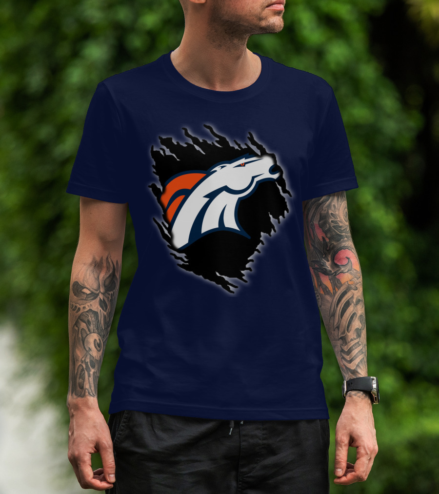 Denver Broncos Ripped Torn Logo Peeling Illusion Dark Blue T-Shirt
