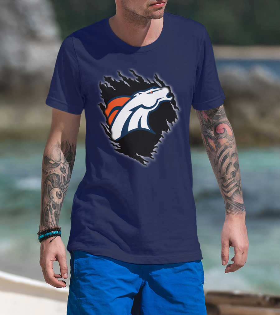 Denver Broncos Ripped Torn Logo Peeling Illusion Dark Blue T-Shirt