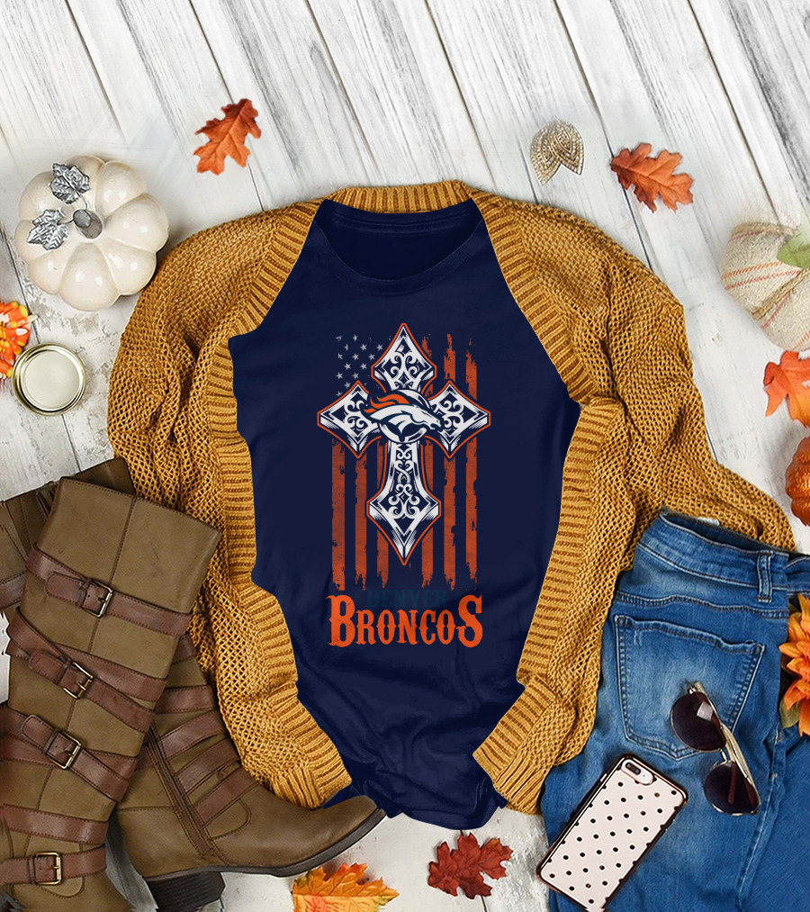 Denver Broncos American Flag Cross Horse T-Shirt