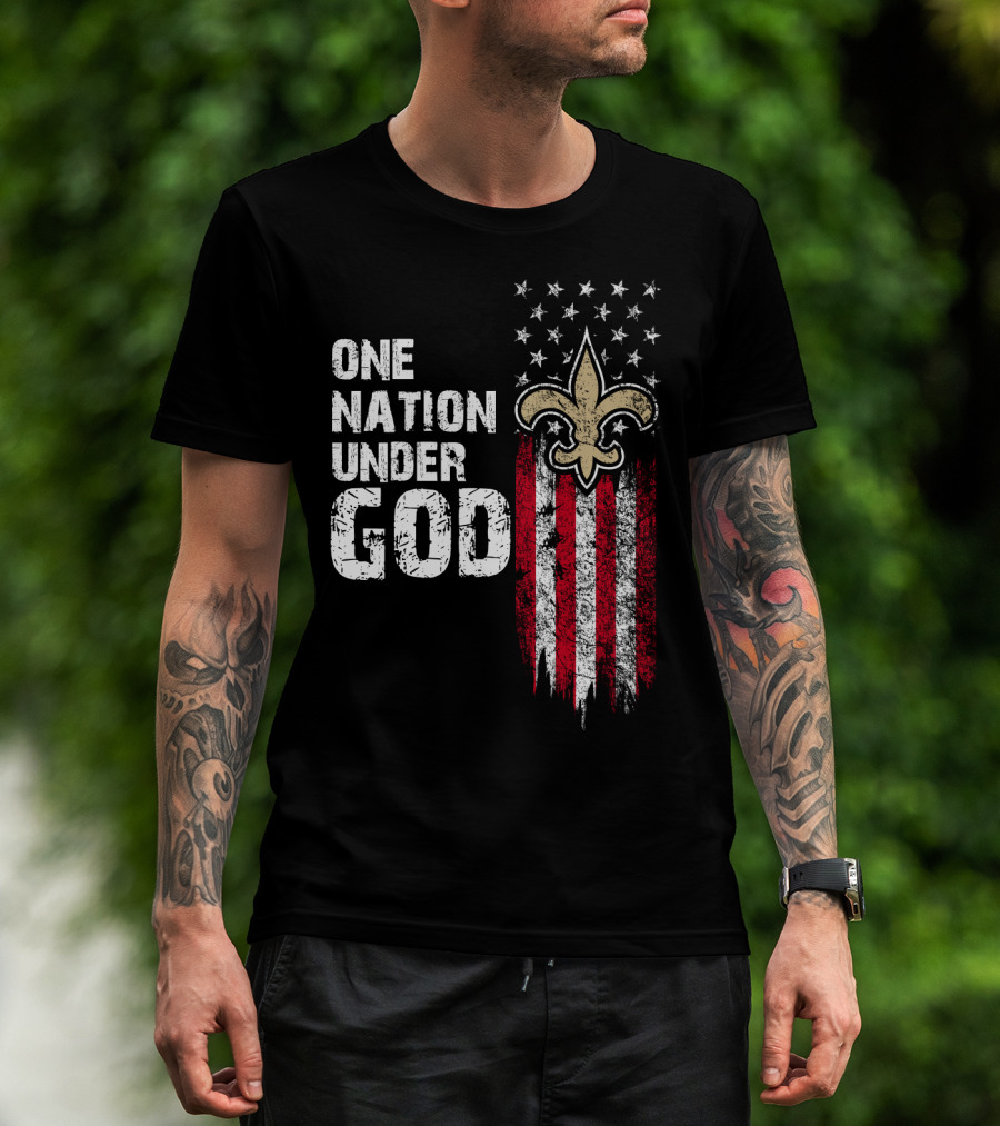 One Nation Under God New Orleans Saints Fleur-De-Lis American Flag Stars T-Shirt