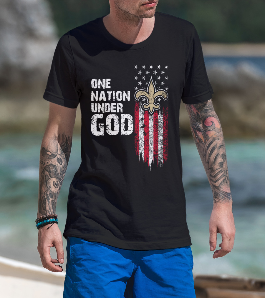 One Nation Under God New Orleans Saints Fleur-De-Lis American Flag Stars T-Shirt
