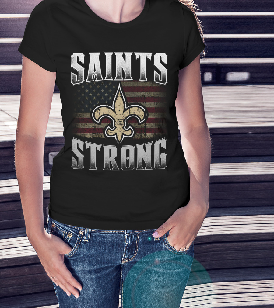 Saints Strong Fleur-De-Lis American Flag T-Shirt