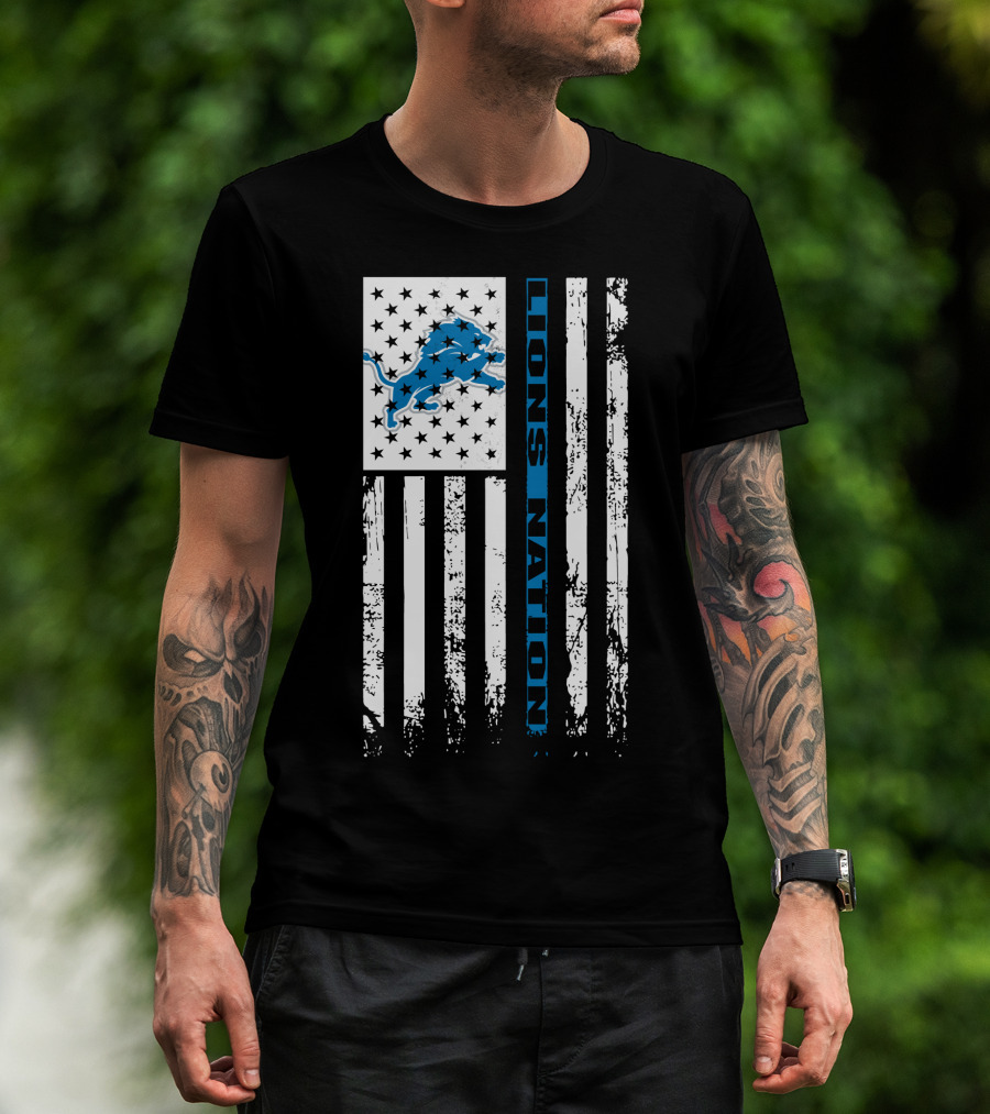 Detroit Lions Nation Flag Design With Blue Lion And Stars T-Shirt