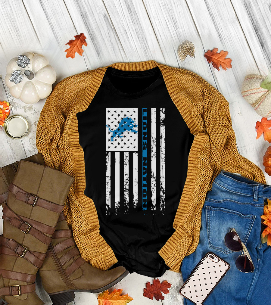 Detroit Lions Nation Flag Design With Blue Lion And Stars T-Shirt