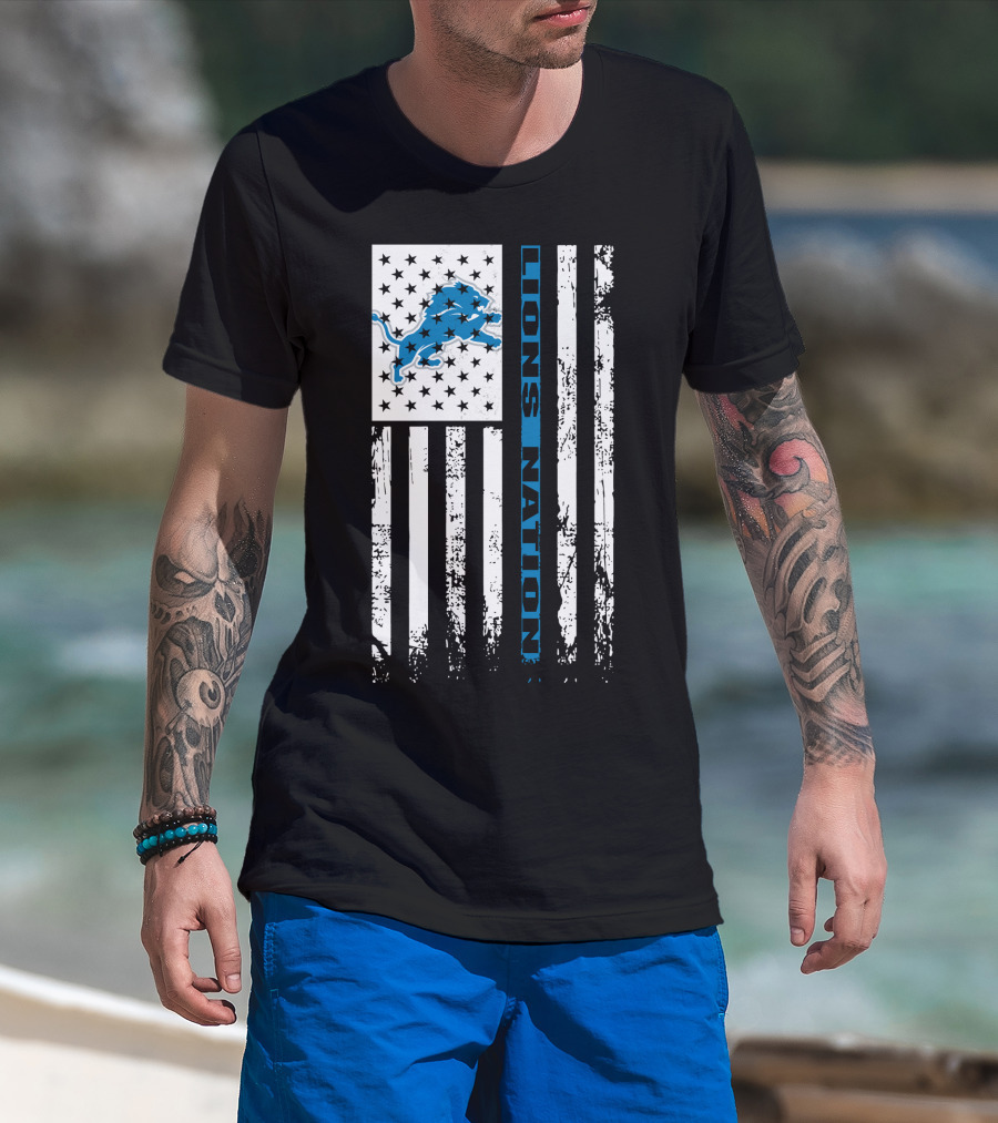 Detroit Lions Nation Flag Design With Blue Lion And Stars T-Shirt