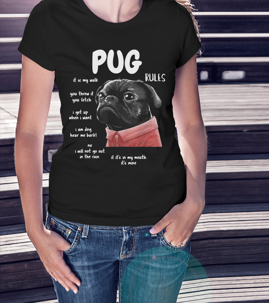 Pug Rules Funny Black Pug Christmas Shirt Phrases T-Shirt