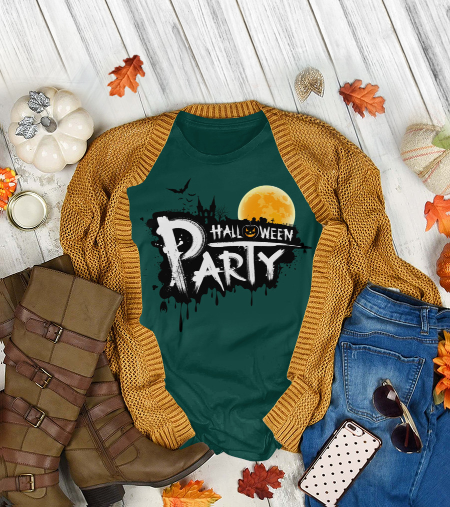 Halloween Party Moonlit Haunted House and Bats T-Shirt