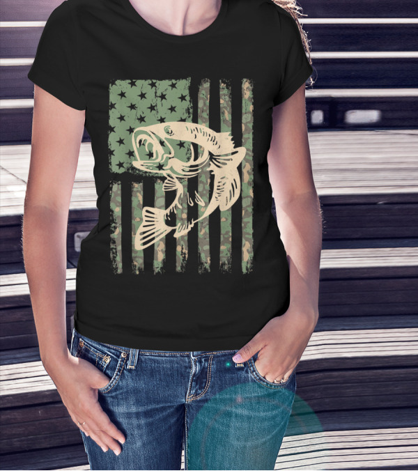 Camouflage USA Flag Big Mouth Bass Fishing T-Shirt