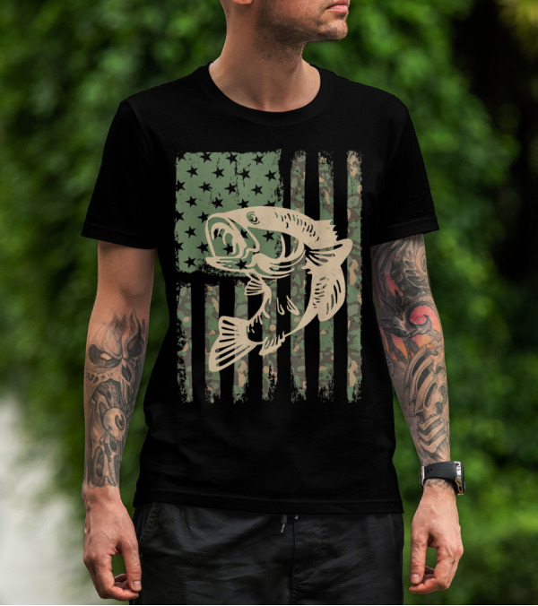 Camouflage USA Flag Big Mouth Bass Fishing T-Shirt
