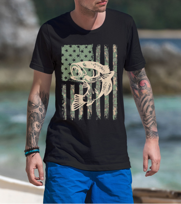 Camouflage USA Flag Big Mouth Bass Fishing T-Shirt