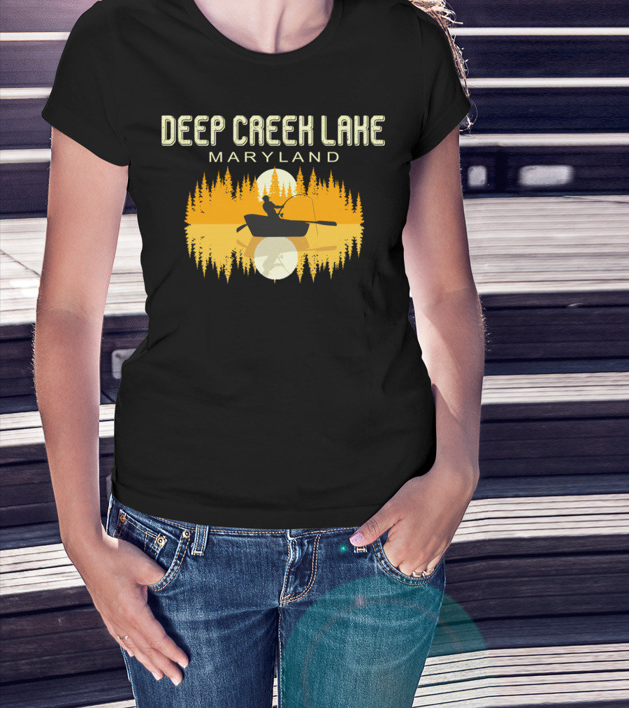 Deep Creek Lake Maryland Fishing 80s Vintage Sunset T-Shirt