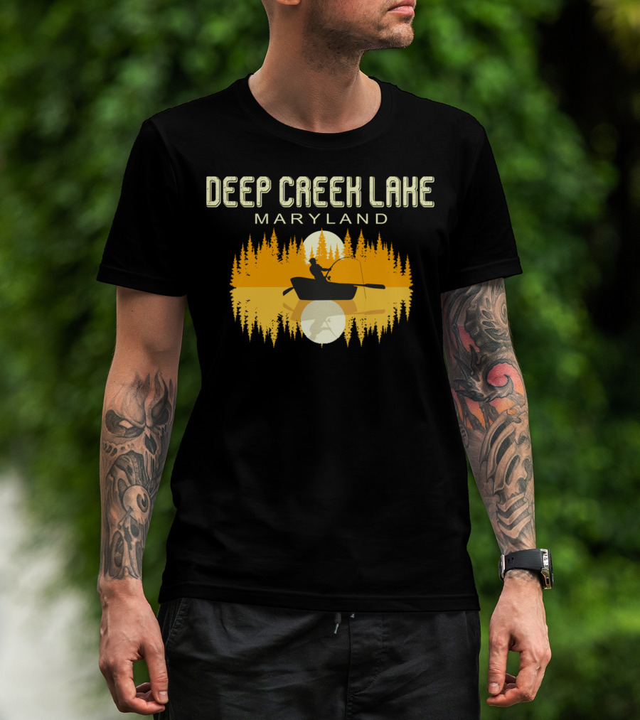 Deep Creek Lake Maryland Fishing 80s Vintage Sunset T-Shirt