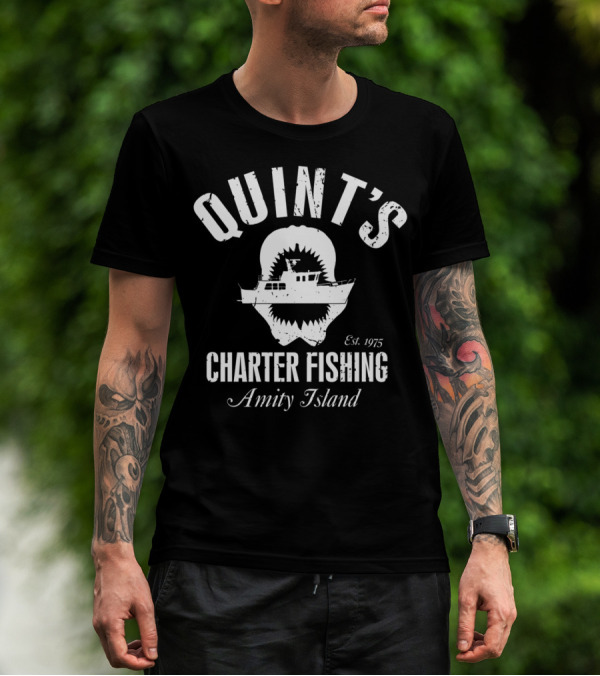 QUINT'S CHARTER FISHING AMITY ISLAND GREAT WHITE SHARK EST. 1975 T-Shirt