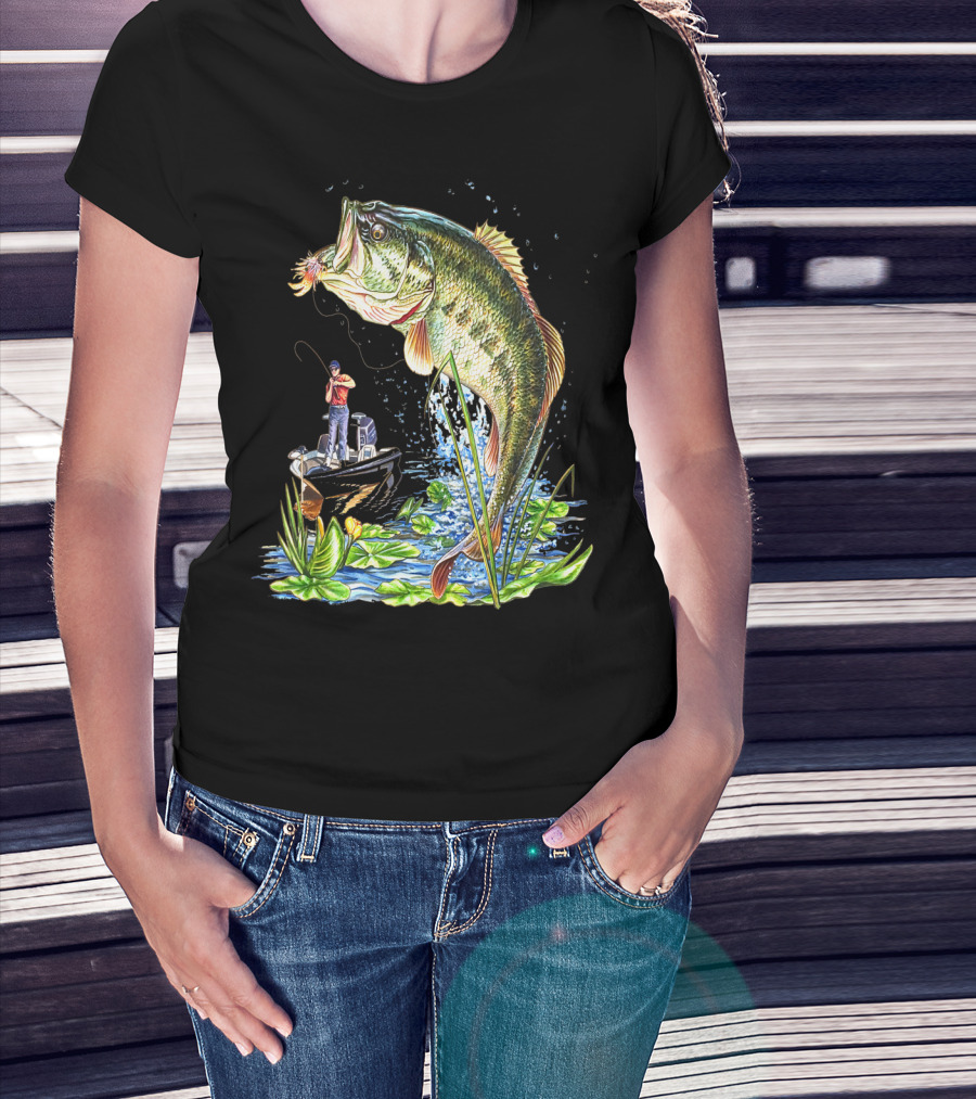 Large Mouth Bass Fishing Action With Angler And Boat T-Shirt