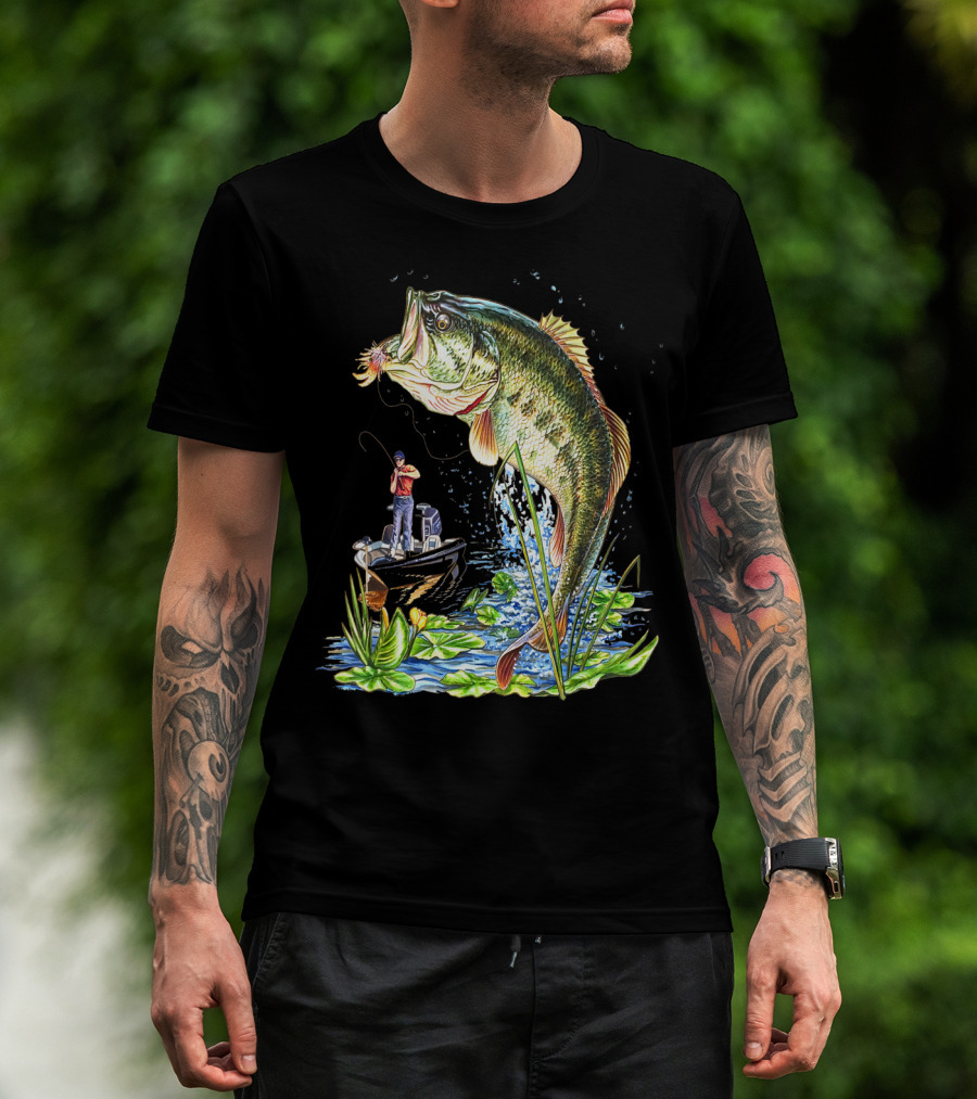 Large Mouth Bass Fishing Action With Angler And Boat T-Shirt