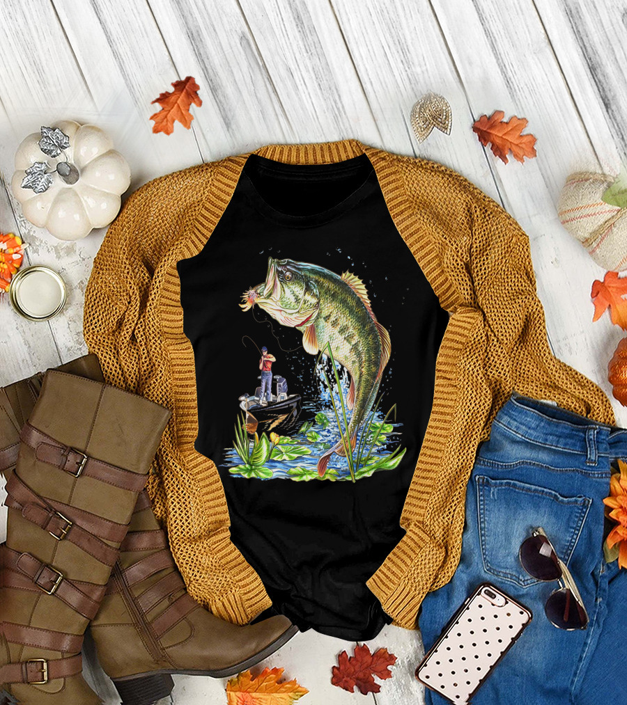 Large Mouth Bass Fishing Action With Angler And Boat T-Shirt