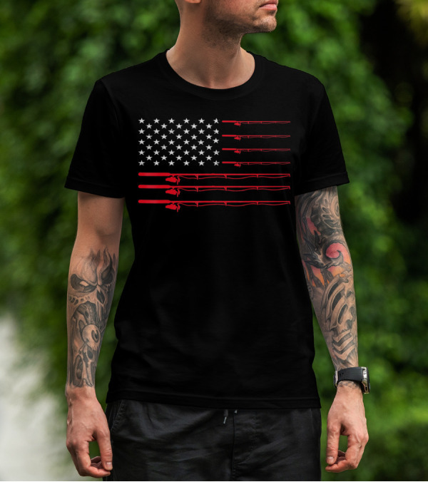 American USA Flag Fishing Rods Fisherman T-Shirt
