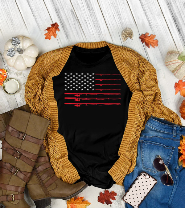 American USA Flag Fishing Rods Fisherman T-Shirt