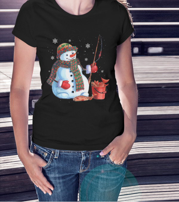 Merry Christmas Fishing Snowman With Fish And Snowflakes For Fishing Lovers T-Shirt
