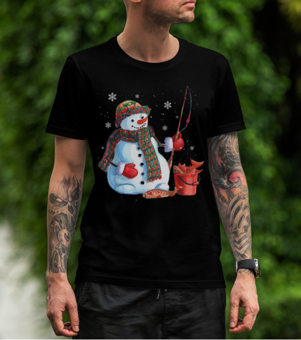 Merry Christmas Fishing Snowman With Fish And Snowflakes For Fishing Lovers T-Shirt