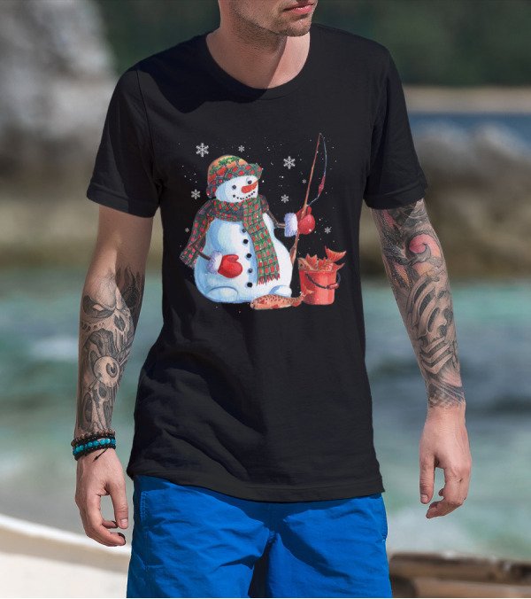 Merry Christmas Fishing Snowman With Fish And Snowflakes For Fishing Lovers T-Shirt
