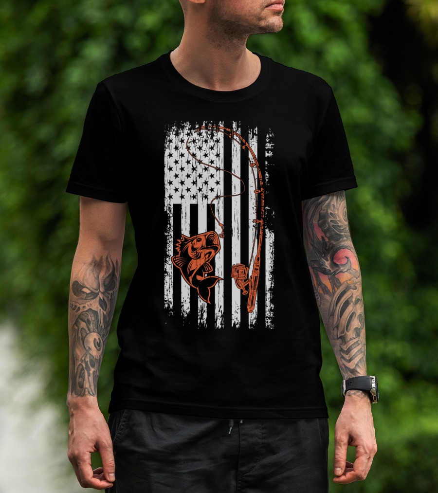 USA Fishing Flag Bass And Rod American Flag T-Shirt