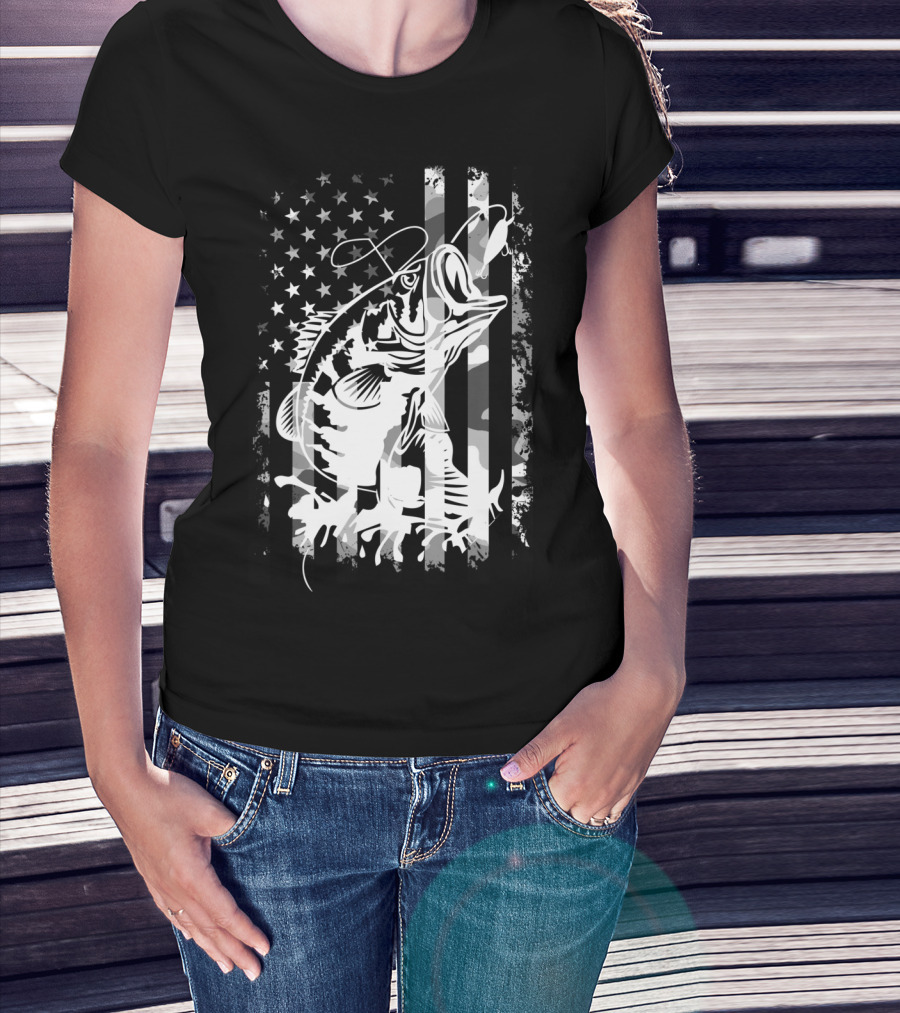 USA Flag Camouflage Bass Fishing T-Shirt