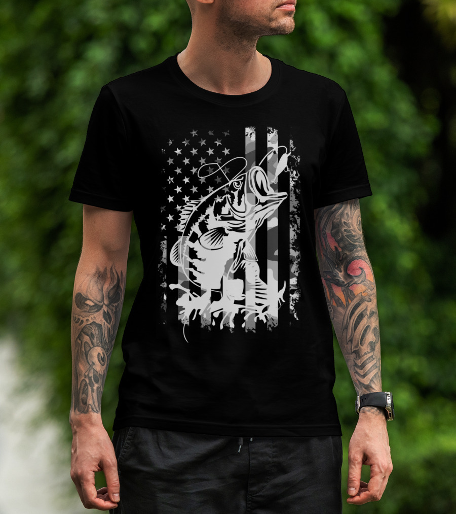 USA Flag Camouflage Bass Fishing T-Shirt