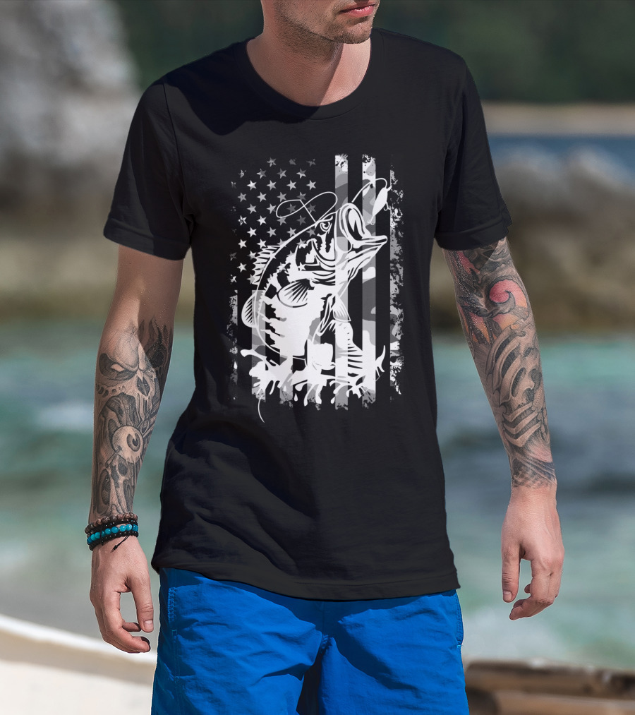 USA Flag Camouflage Bass Fishing T-Shirt