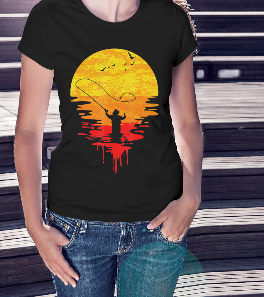 Fly Fishing At Sunset Vintage Style Silhouette With Birds T-Shirt