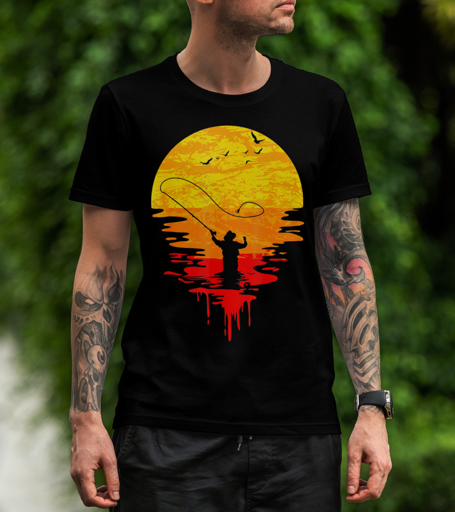 Fly Fishing At Sunset Vintage Style Silhouette With Birds T-Shirt