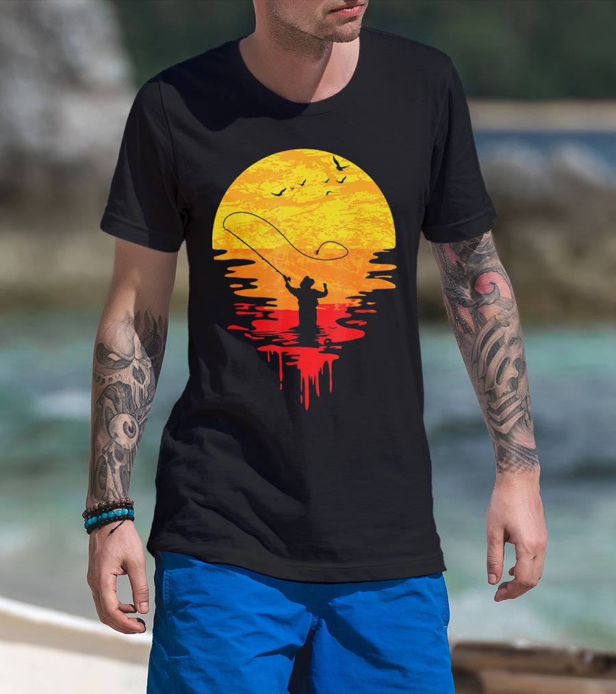 Fly Fishing At Sunset Vintage Style Silhouette With Birds T-Shirt