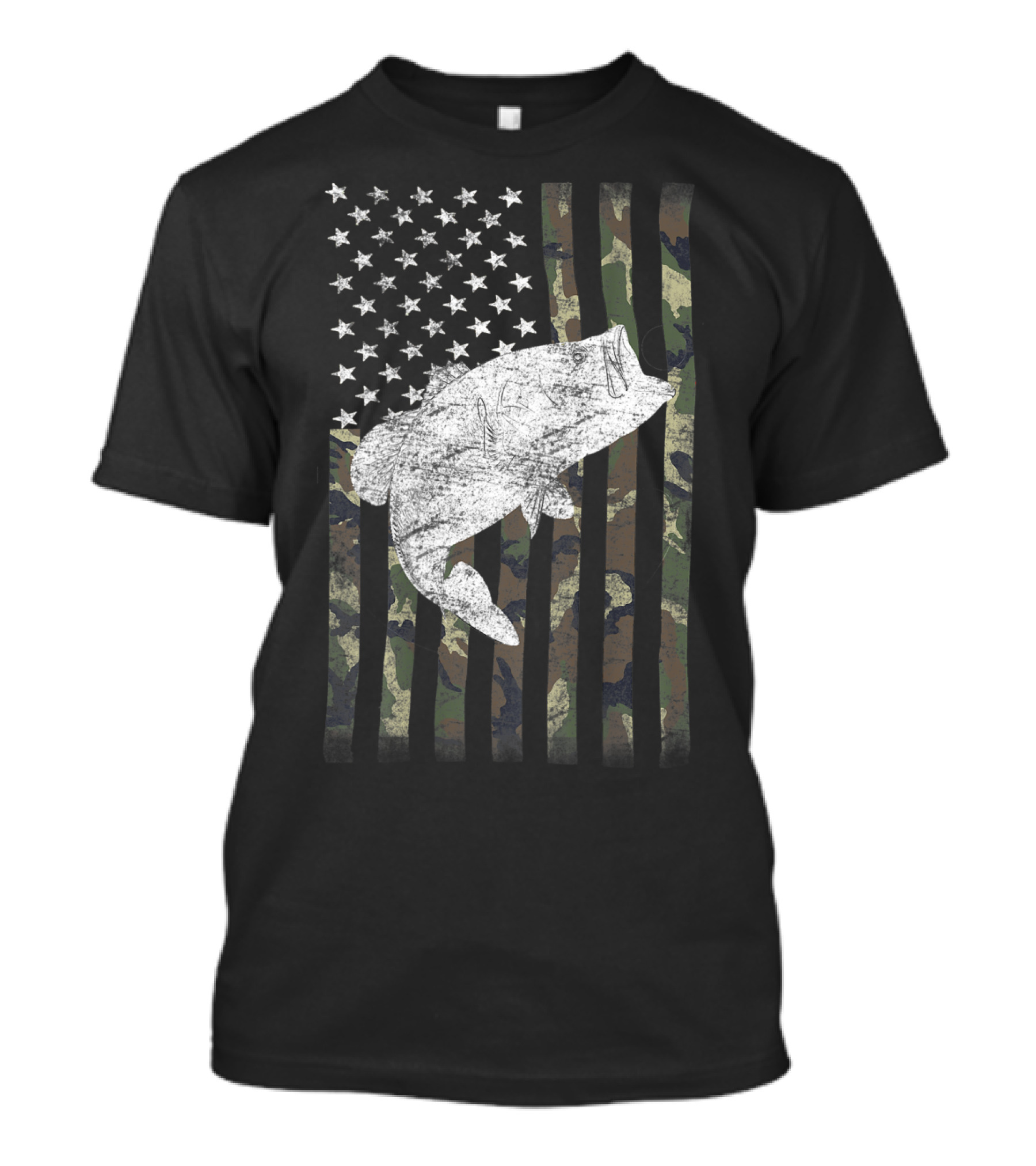 Camouflage Flag With Big Mouth Bass Fishing Humor T-Shirt