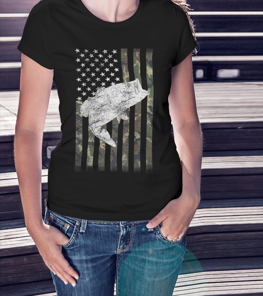 Camouflage Flag With Big Mouth Bass Fishing Humor T-Shirt