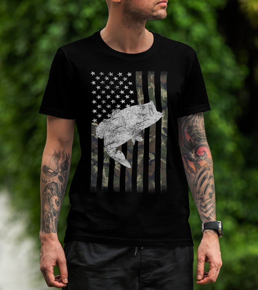 Camouflage Flag With Big Mouth Bass Fishing Humor T-Shirt