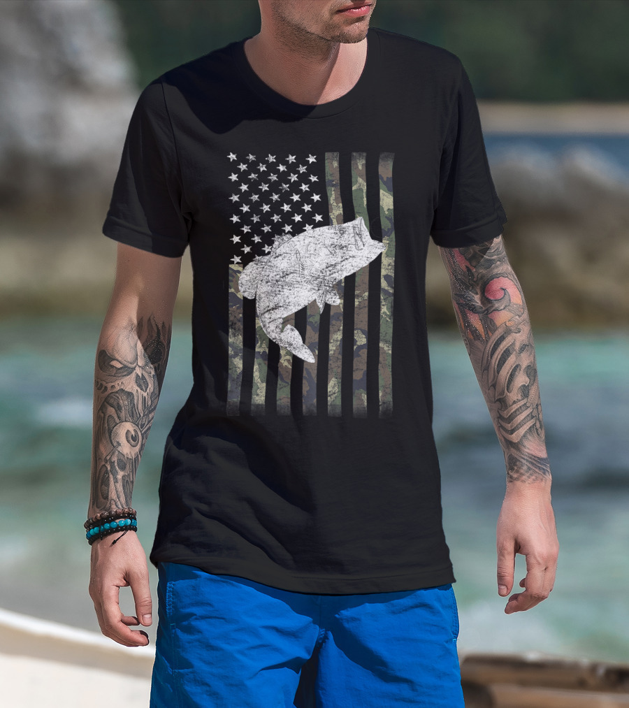 Camouflage Flag With Big Mouth Bass Fishing Humor T-Shirt