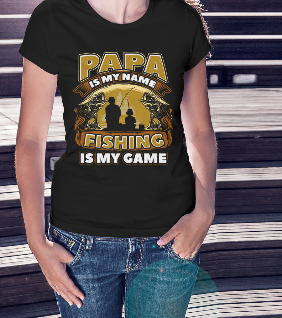 Papa Is My Name Fishing Is My Game Silhouette And Fish Reflections T-Shirt