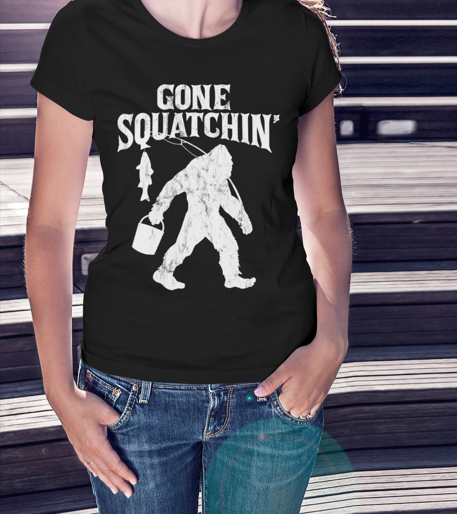 Gone Squatchin Bigfoot Fishing Pole Bucket Fish T-Shirt