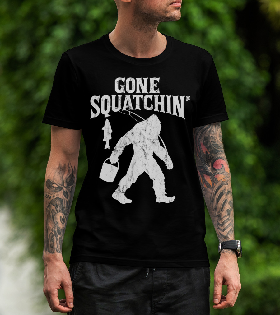 Gone Squatchin Bigfoot Fishing Pole Bucket Fish T-Shirt