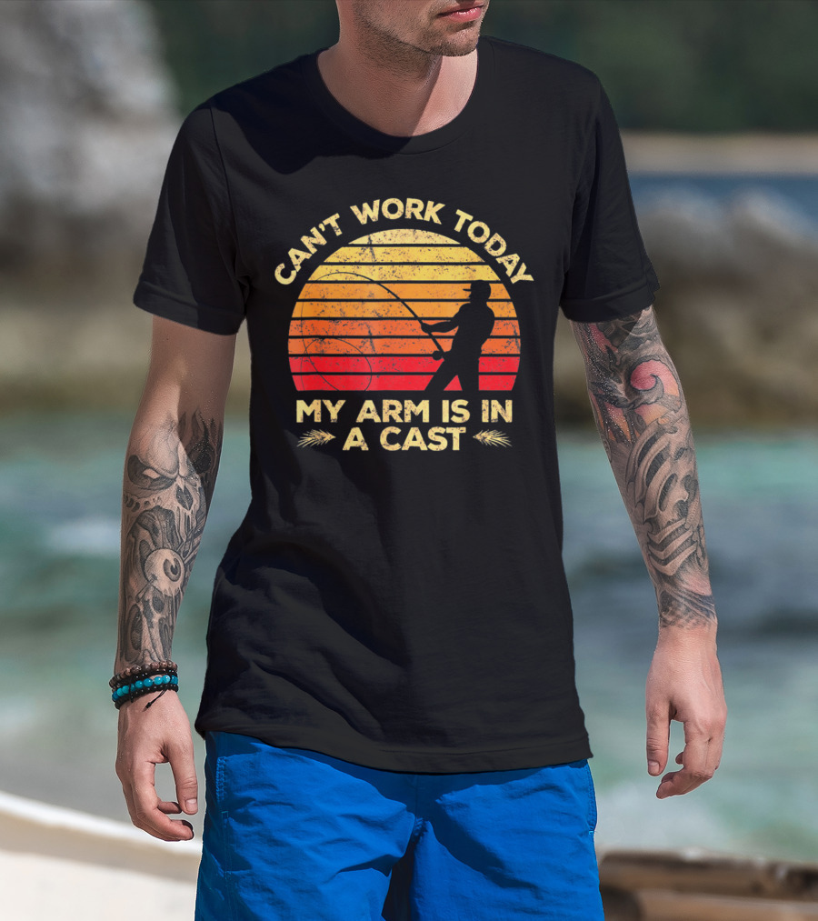 Can't Work Today My Arm Is In A Cast Fishing Silhouette Sunset T-Shirt