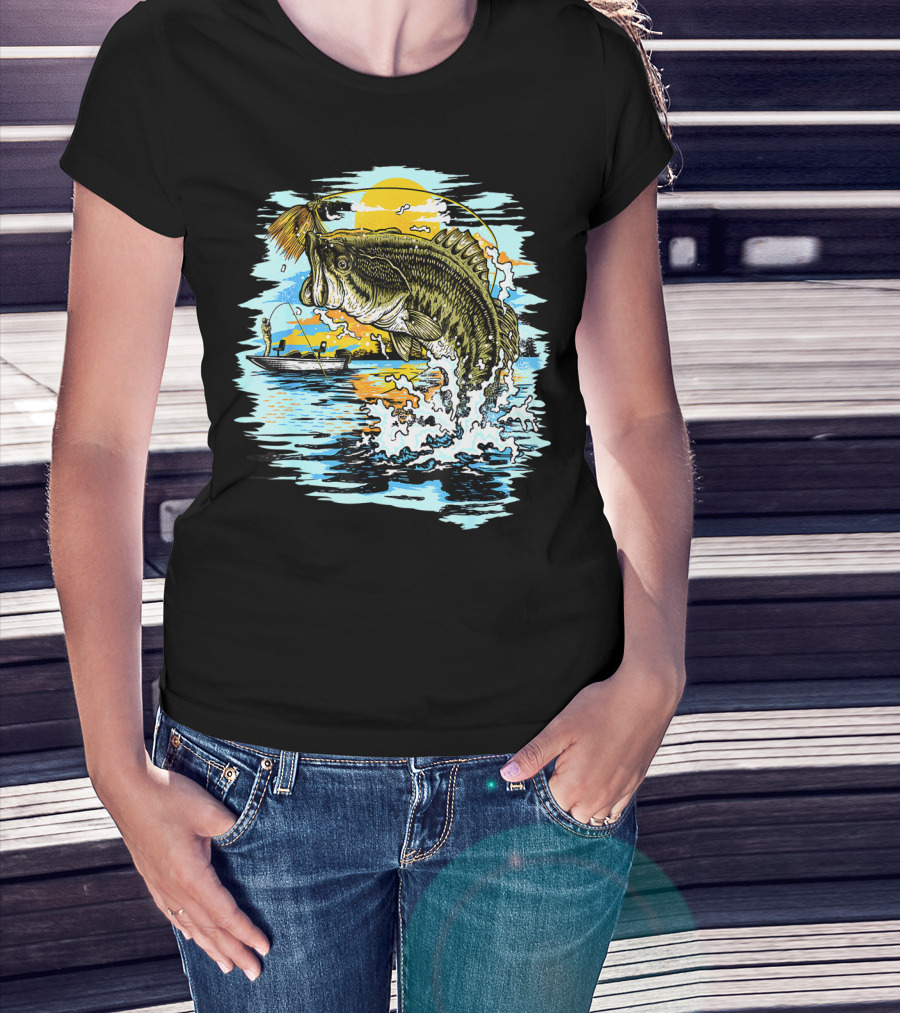 Large Mouth Bass Catching Fly Fishing Adventure In Scenic Lake Sunrise T-Shirt
