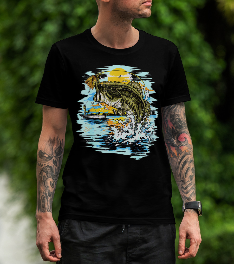 Large Mouth Bass Catching Fly Fishing Adventure In Scenic Lake Sunrise T-Shirt