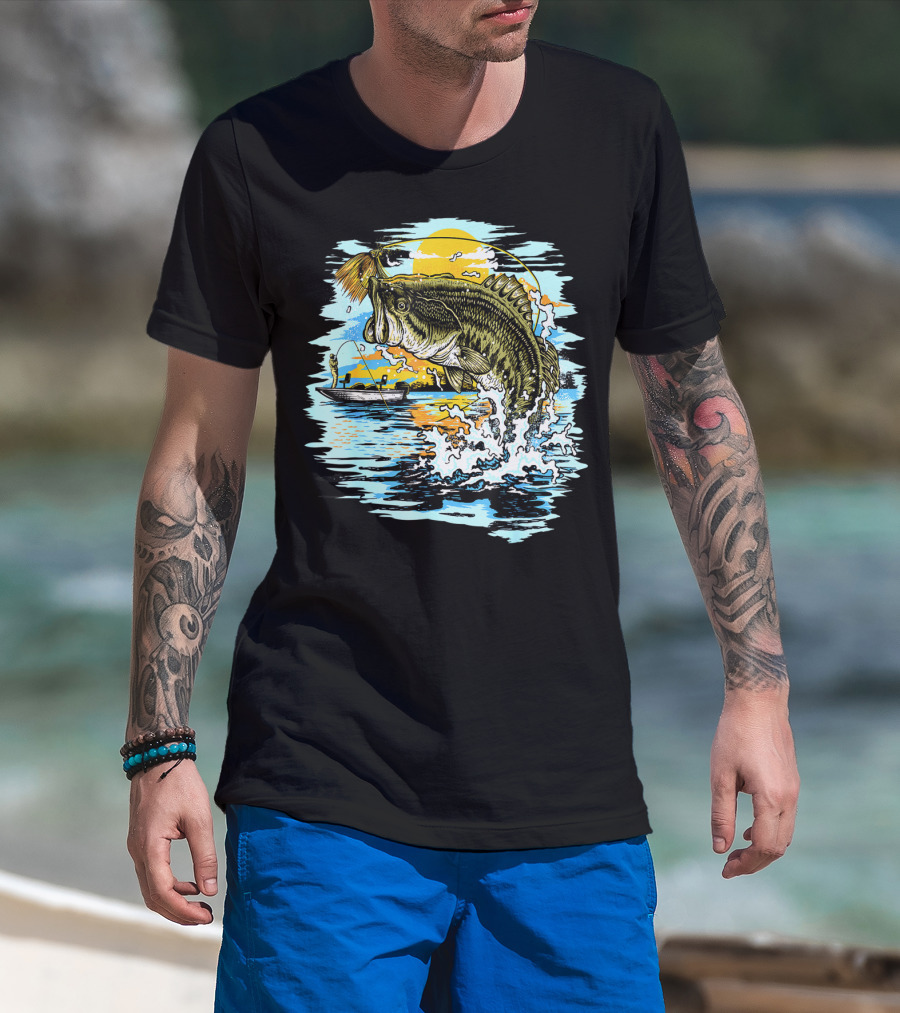 Large Mouth Bass Catching Fly Fishing Adventure In Scenic Lake Sunrise T-Shirt
