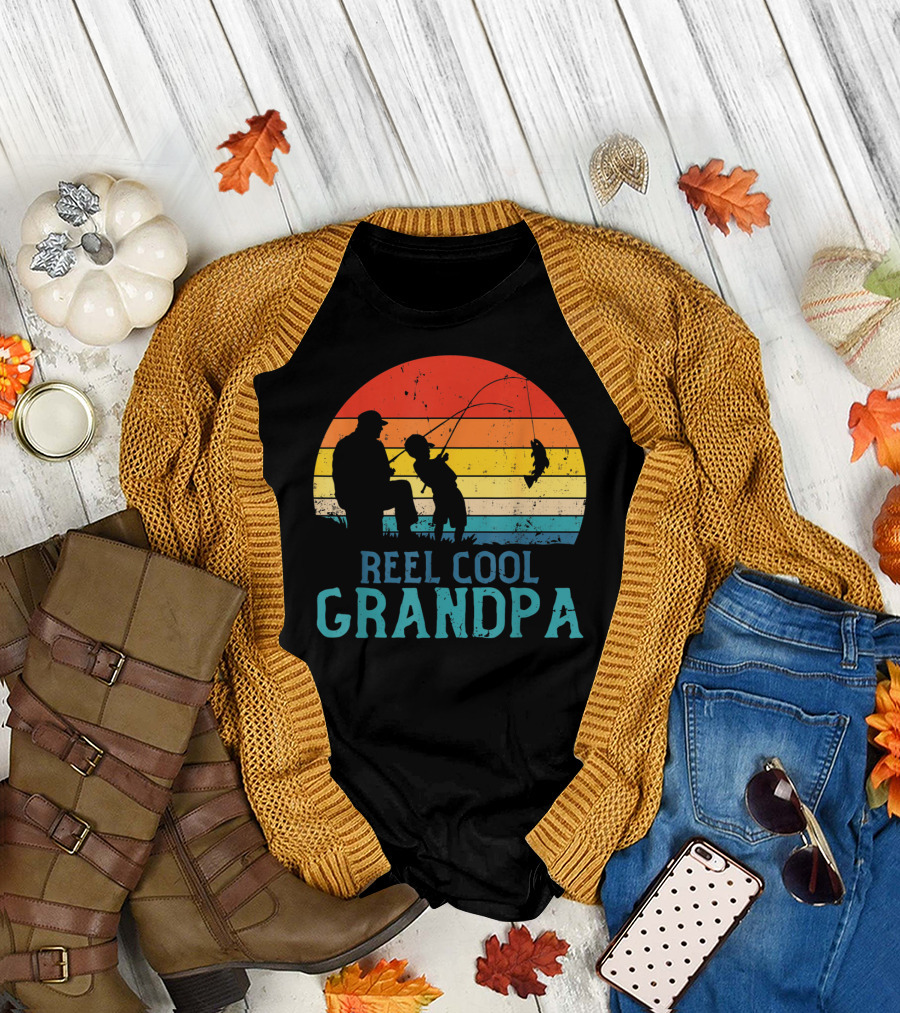Reel Cool Grandpa Fishing Sunset T-Shirt